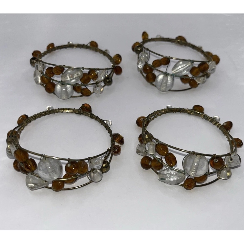 Estate Vintage 4 Napkin Rings Amber And Crystal Glass Stones‎ Elegance Quiet Lux